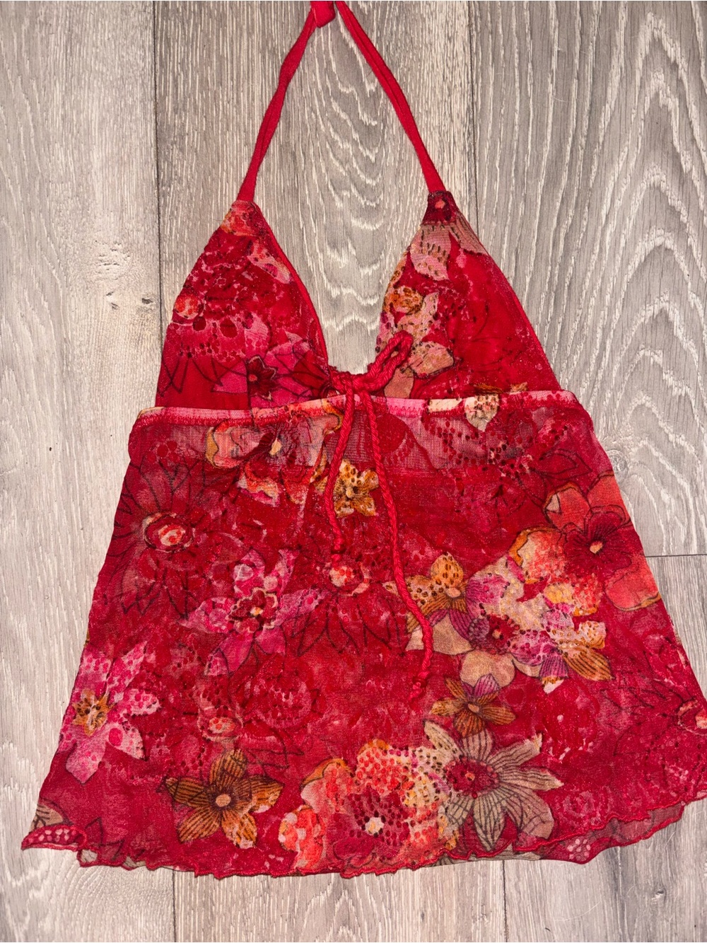 Rare Y2K Mora Floral Mesh Halter Babydoll Coquette Top